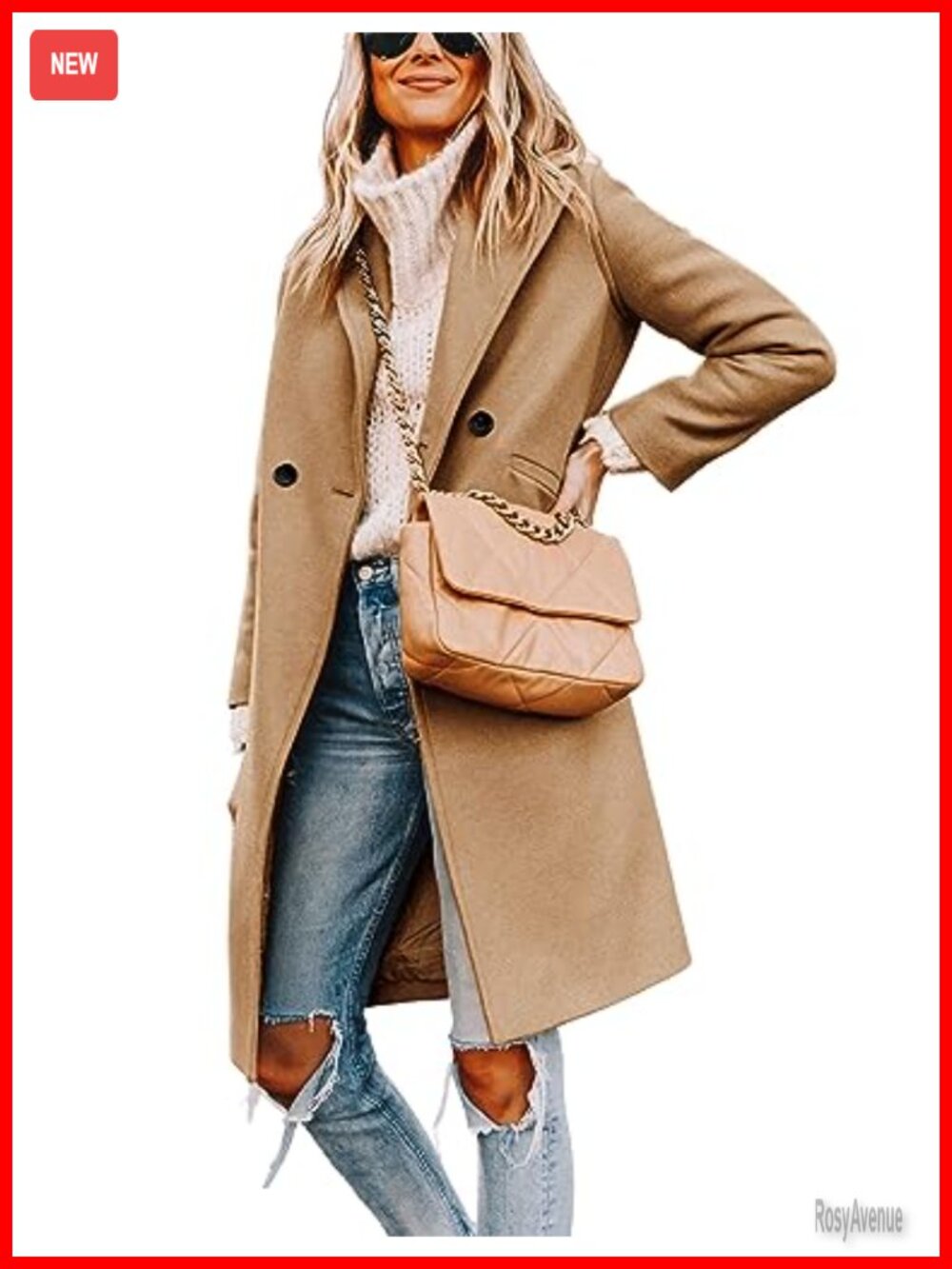 Wool Blend Peacoat Notch Lapel Double-Breasted Knee Length Slim Fit